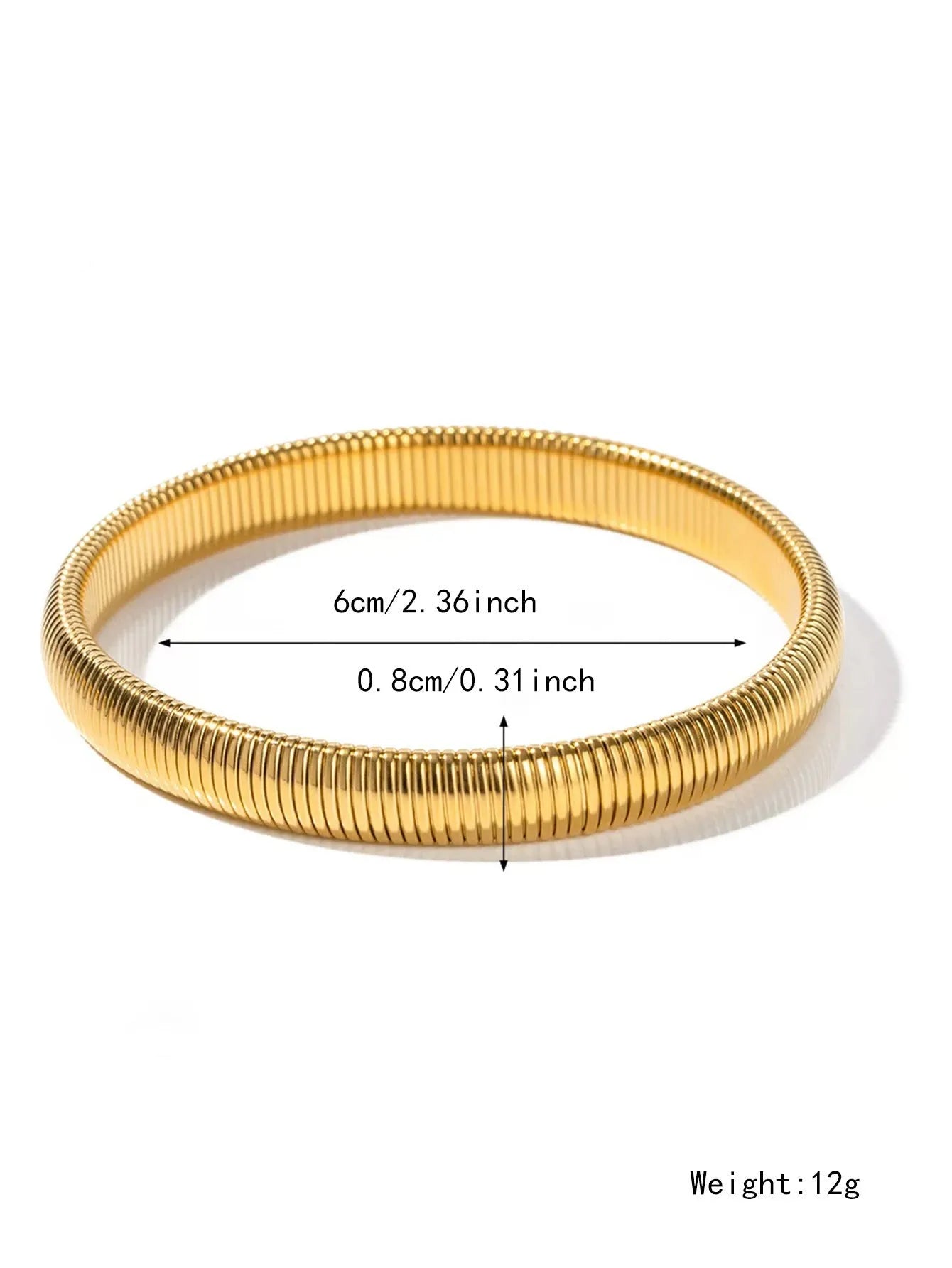 Gold titanium steel bracelet with elastic vertical stripe ring design, shown at 2cm width.