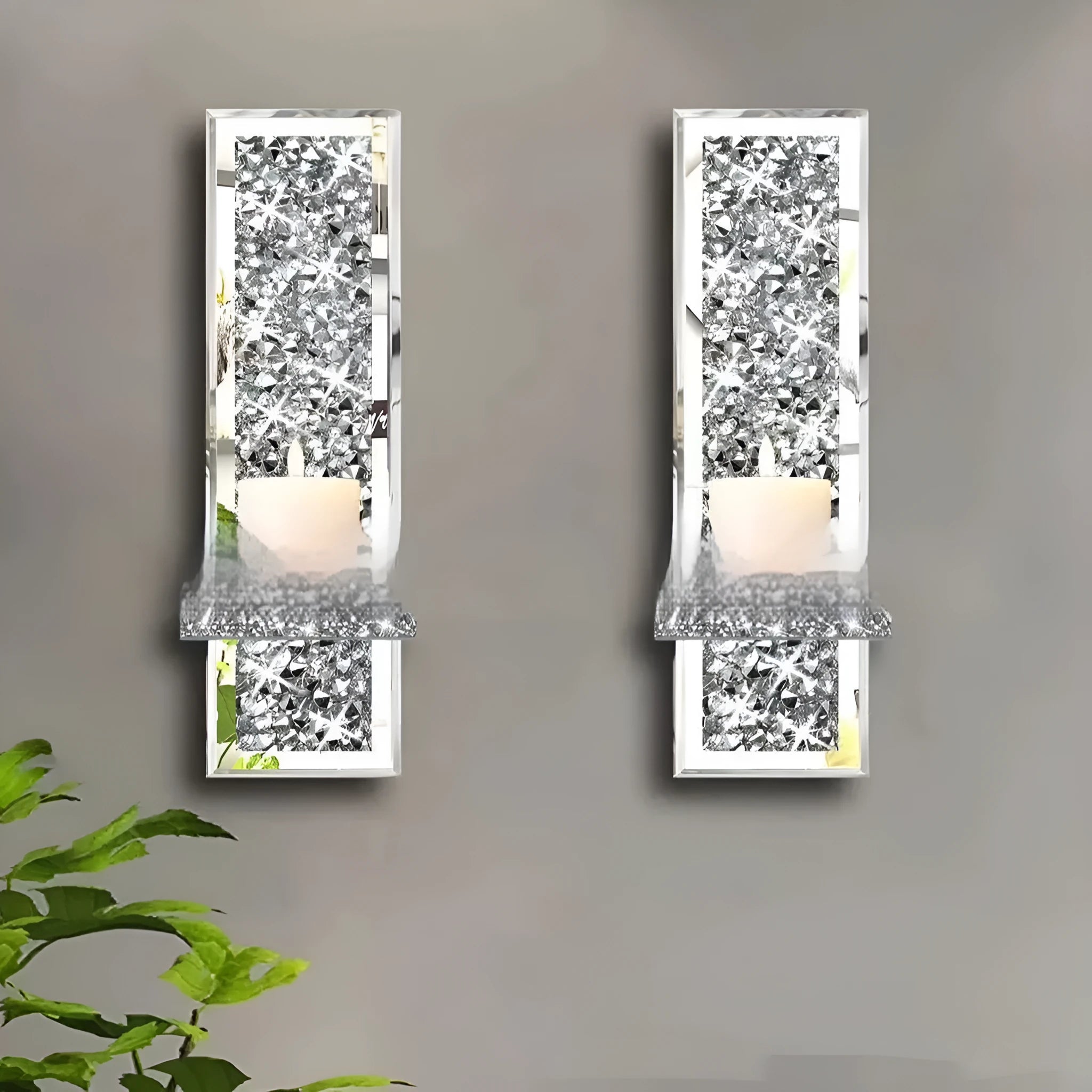 Silver mirror glass wall hanging candle holder pair modern simple style 10x11x38cm