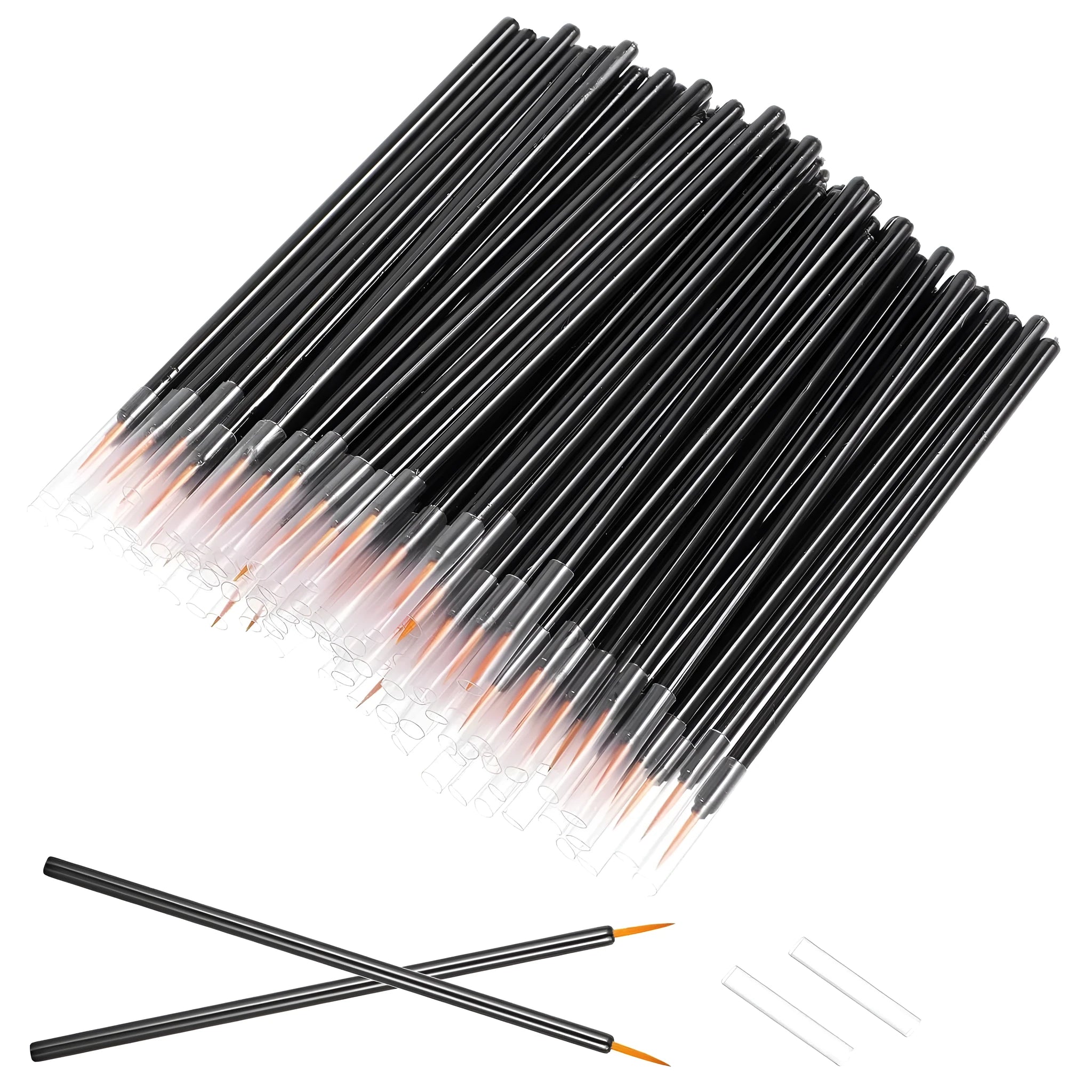 Pack of 100 disposable black eyeliner brushes with fine tips and plastic sleeves