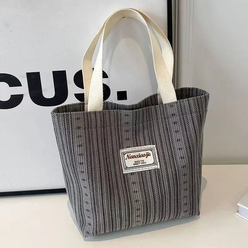 Japanese style large corduroy handbag in dark brown, shown with grey and ivory white colour options.