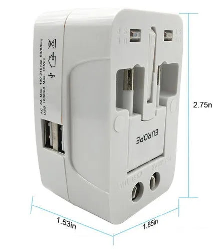 Universal travel plug converter adapter showing front and side view