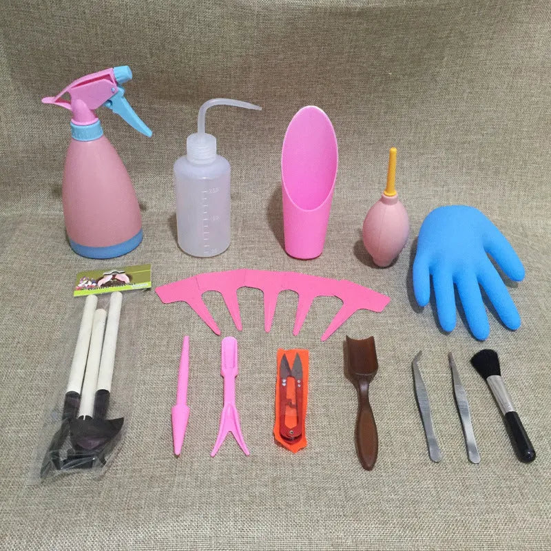 14-piece succulent gardening tool set with miniature shovel, rake, tweezers, watering can and small plant care implements