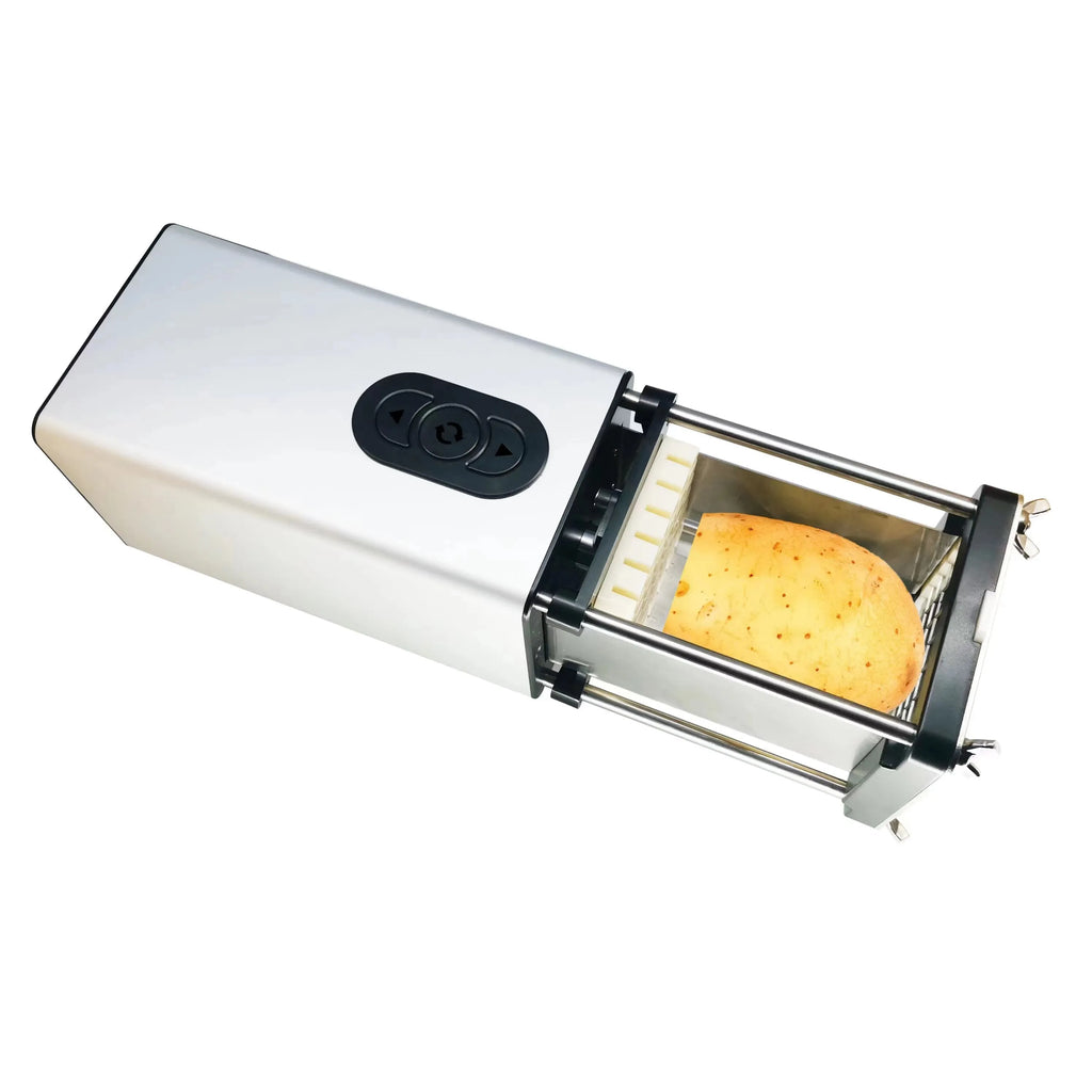 Electric French fry cutter stainless steel with two blades and black body, cutting potatoes and carrots.