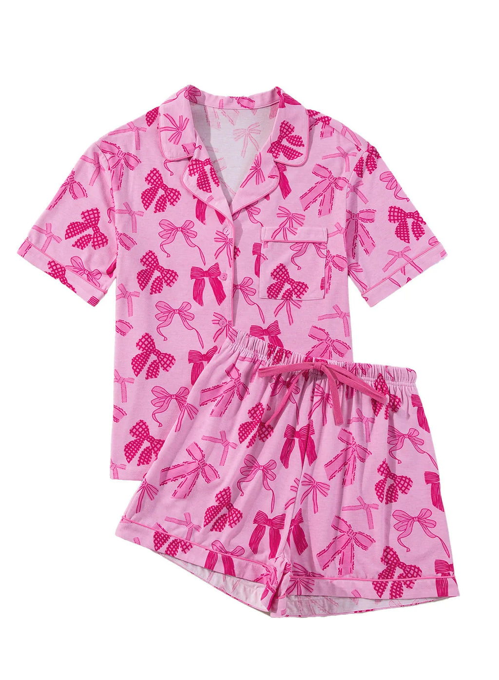 Pink bow print polyester pyjama set with top and pants for sleepwear