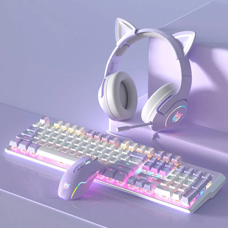 Purple and white mechanical keyboard and wired mouse set with backlit keys on a desk.
