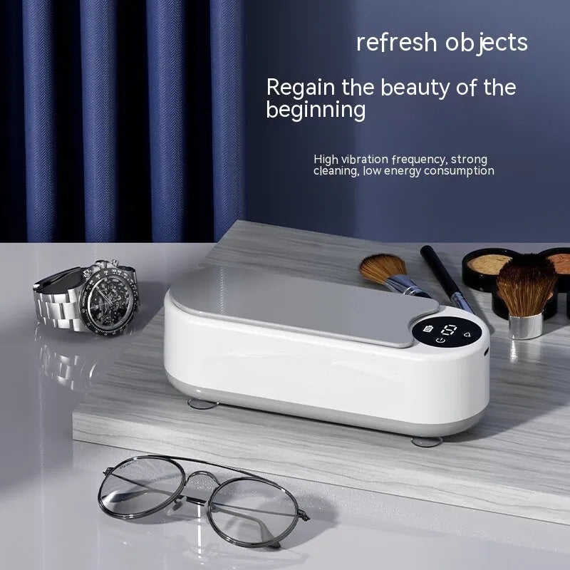 White ultrasonic glasses washing machine with compact design, USB power, and 200g weight