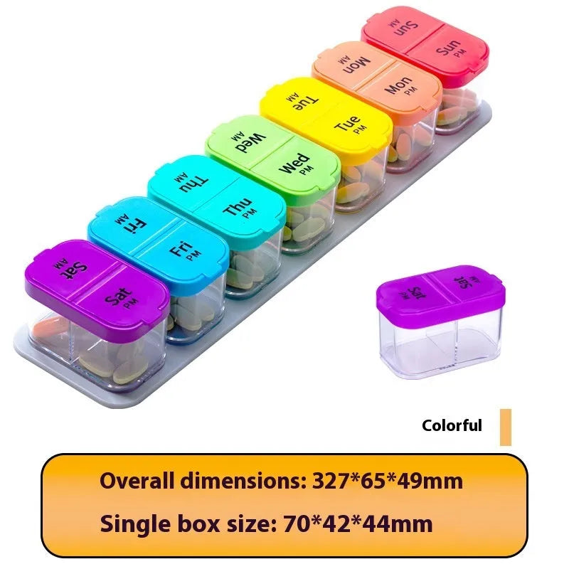 Extra large portable pill box with 14 removable compartments in white or rainbow colour, dimensions 327x65x49mm