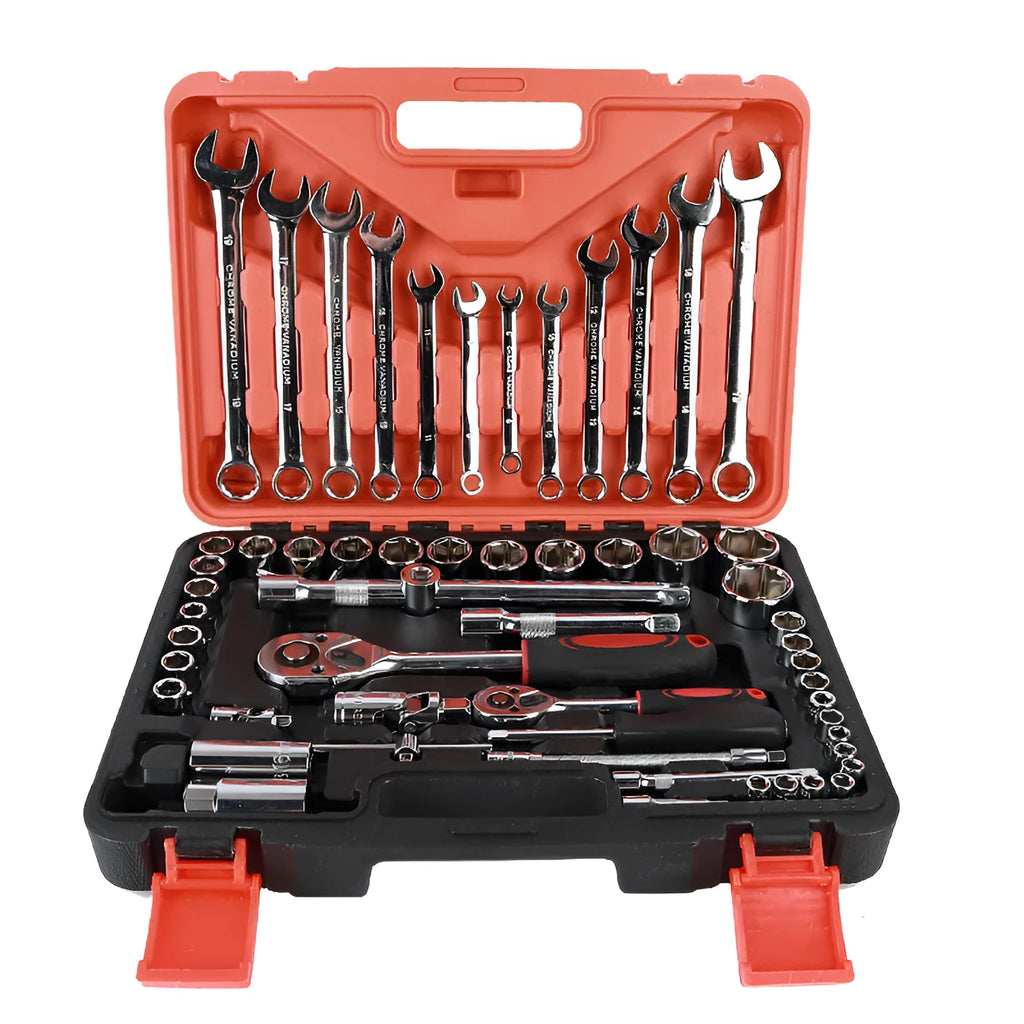 61-piece auto repair socket and wrench set with chrome vanadium steel tools including metric sockets, ratchets, and extensions