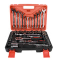 61-piece auto repair socket and wrench set with chrome vanadium steel tools including metric sockets, ratchets, and extensions
