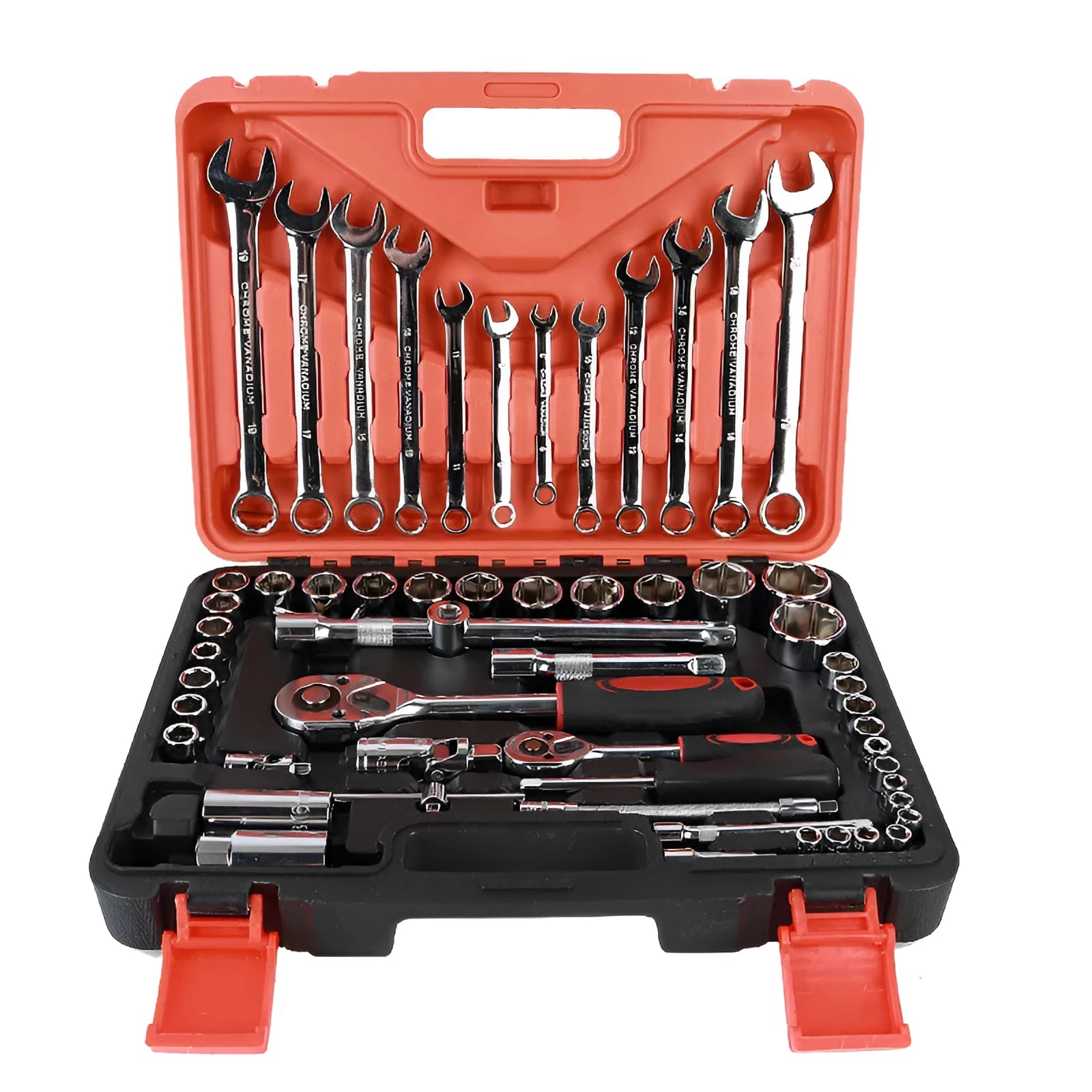 61-piece auto repair socket and wrench set with chrome vanadium steel tools including metric sockets, ratchets, and extensions