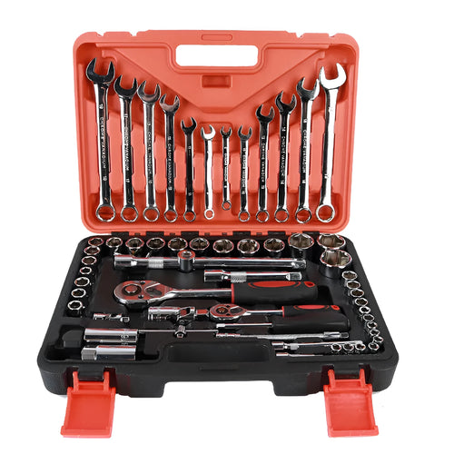 61-piece auto repair socket and wrench set with chrome vanadium steel tools including metric sockets, ratchets, and extensions