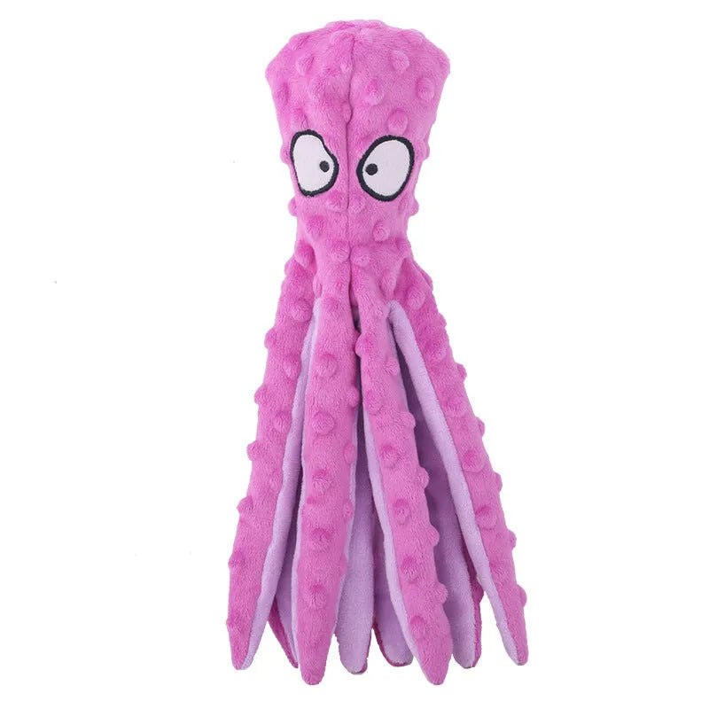 Blue octopus-shaped dog toy with tentacles, no stuffing, suitable for chewing and interactive play