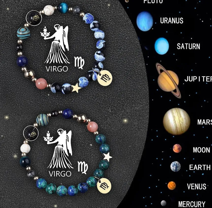 Two natural stone beaded bracelets showing Chinese zodiac animal signs including dragon and rabbit symbols