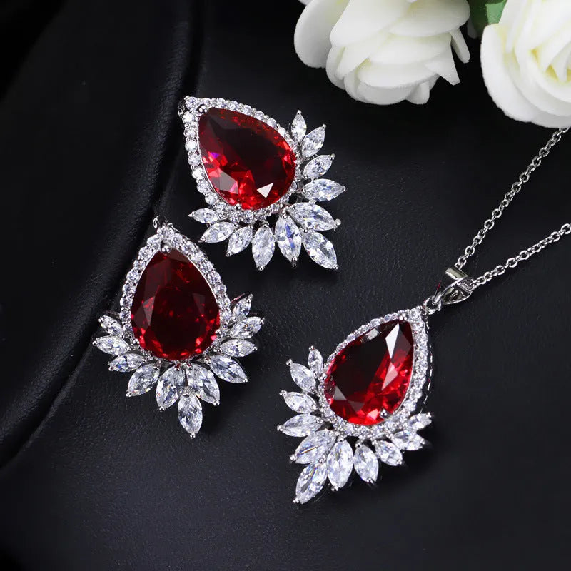 Blue, red, and white formal jewellery chain set with necklace and earrings for bridal banquets.