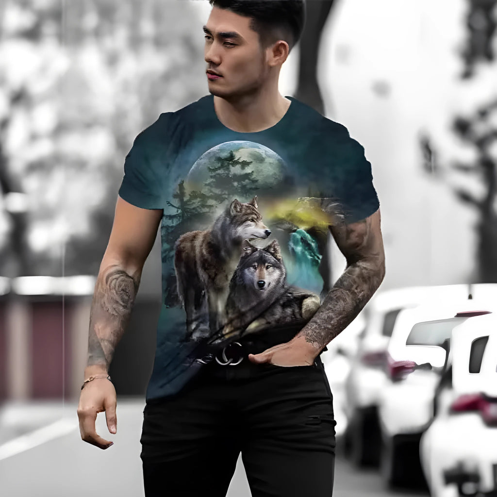 Man wearing a short-sleeved grey T-shirt with a detailed retro-style 3D animal graphic print on the front.