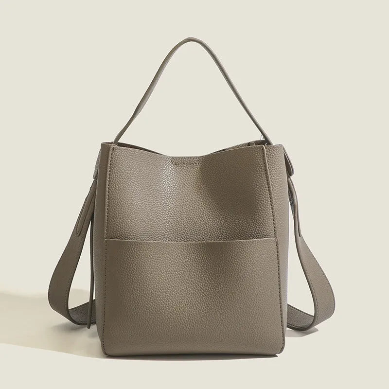 PU Leather Bucket Messenger Bag for Daily Matching European and American Retro Style with Sewing Line Detail Available in Black Brown Elephant Gray Soft Single Shoulder Strap Sandwich Pocket Outer Bag