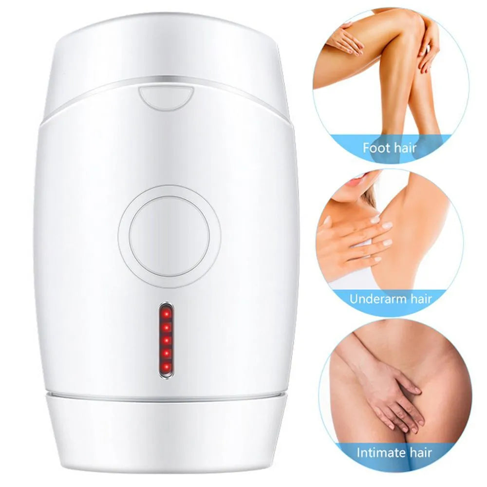 White home laser hair removal device with display, shown with its power adapter and international plug heads.