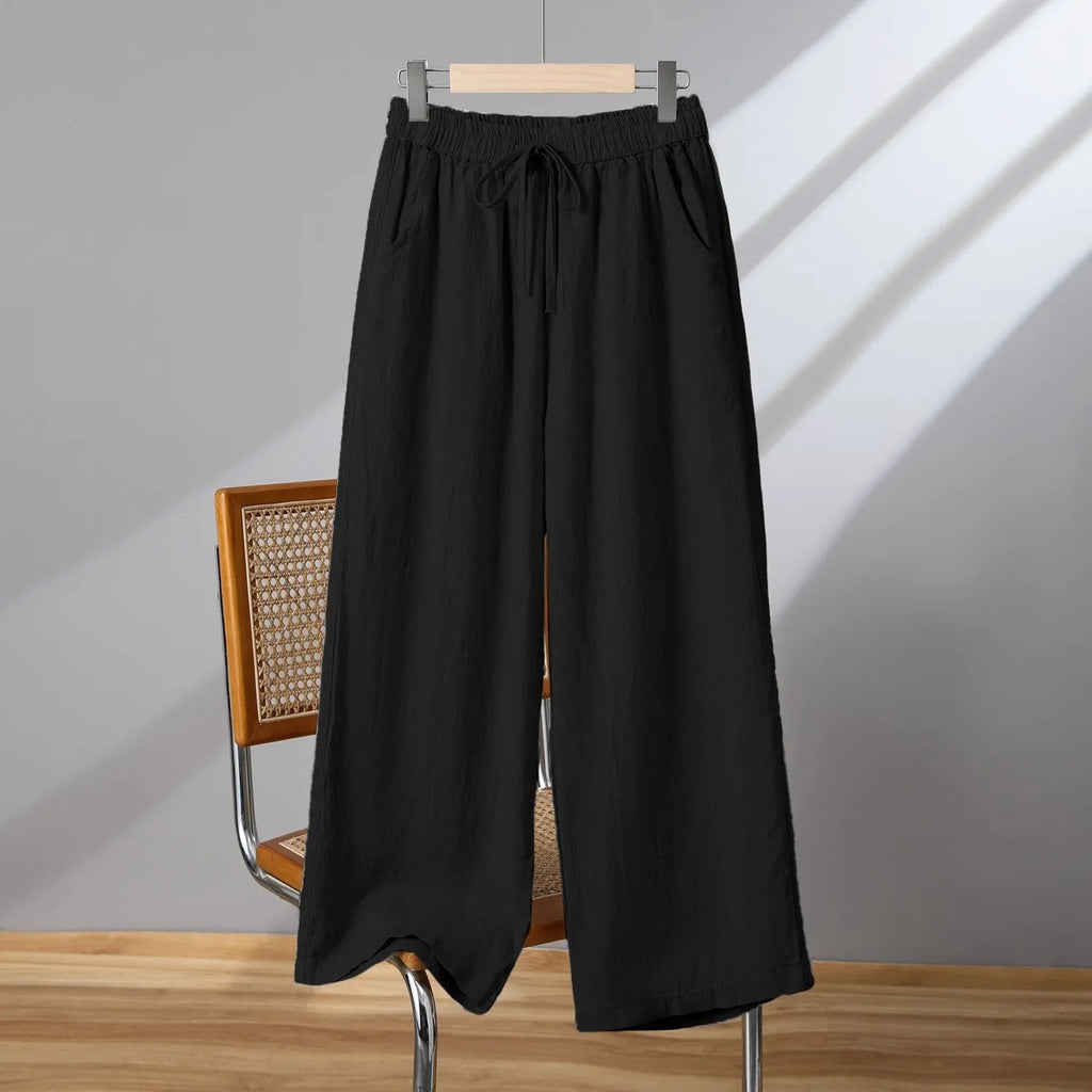 Women's straight-leg casual trousers with drawstring elastic waist in apricot, khaki, brown or black