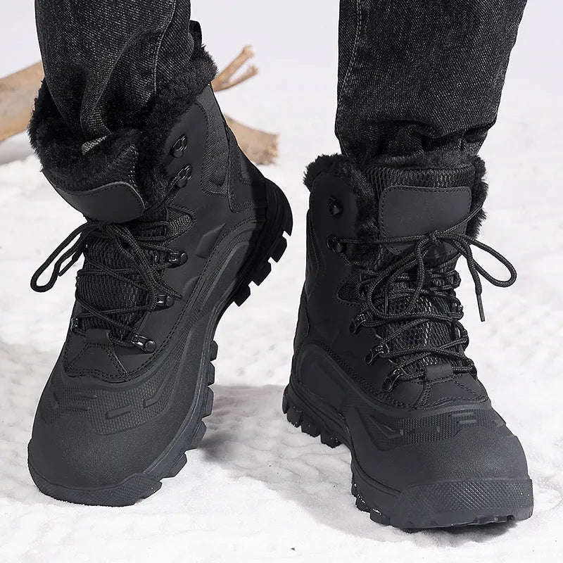 Men's black fleece-lined high-top lace-up boots with a tall upper and ribbed sole.