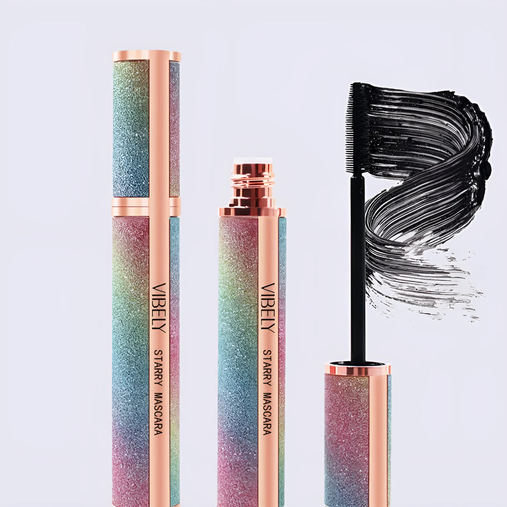 Black 4D waterproof mascara tube showing length and thickness effect on lashes