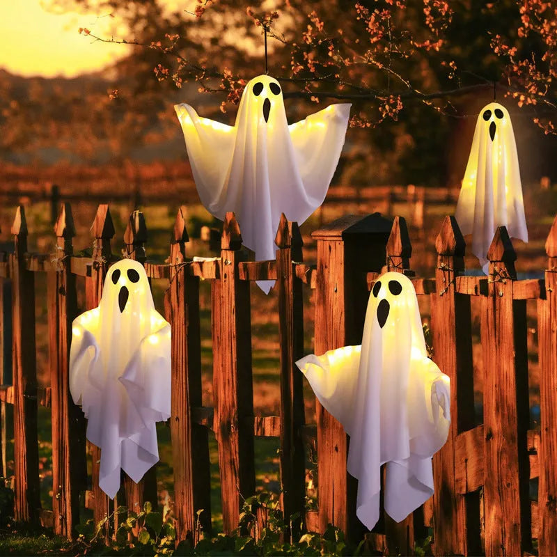 White luminous ghost Halloween light with cloth construction and battery operation