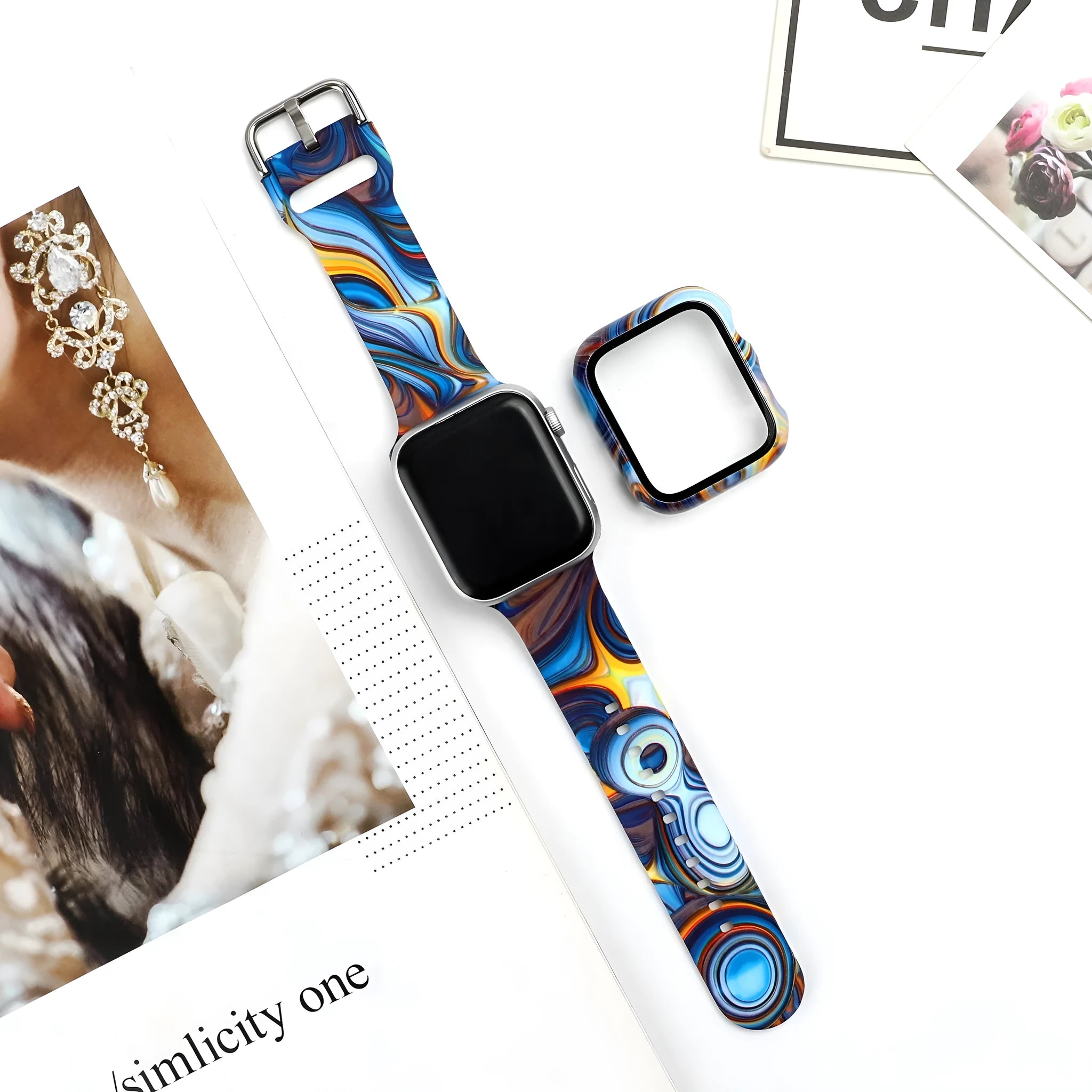 Printed silicone replacement strap for Apple iWatch models showing multiple design options and size selections.