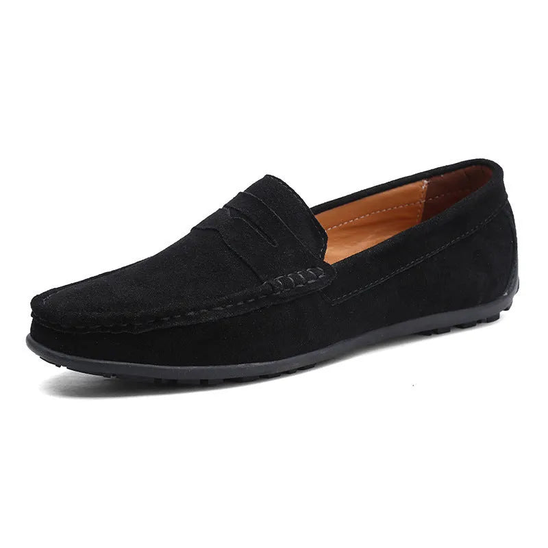 Men's brown suede casual slip-on loafers with a round toe and flat rubber sole