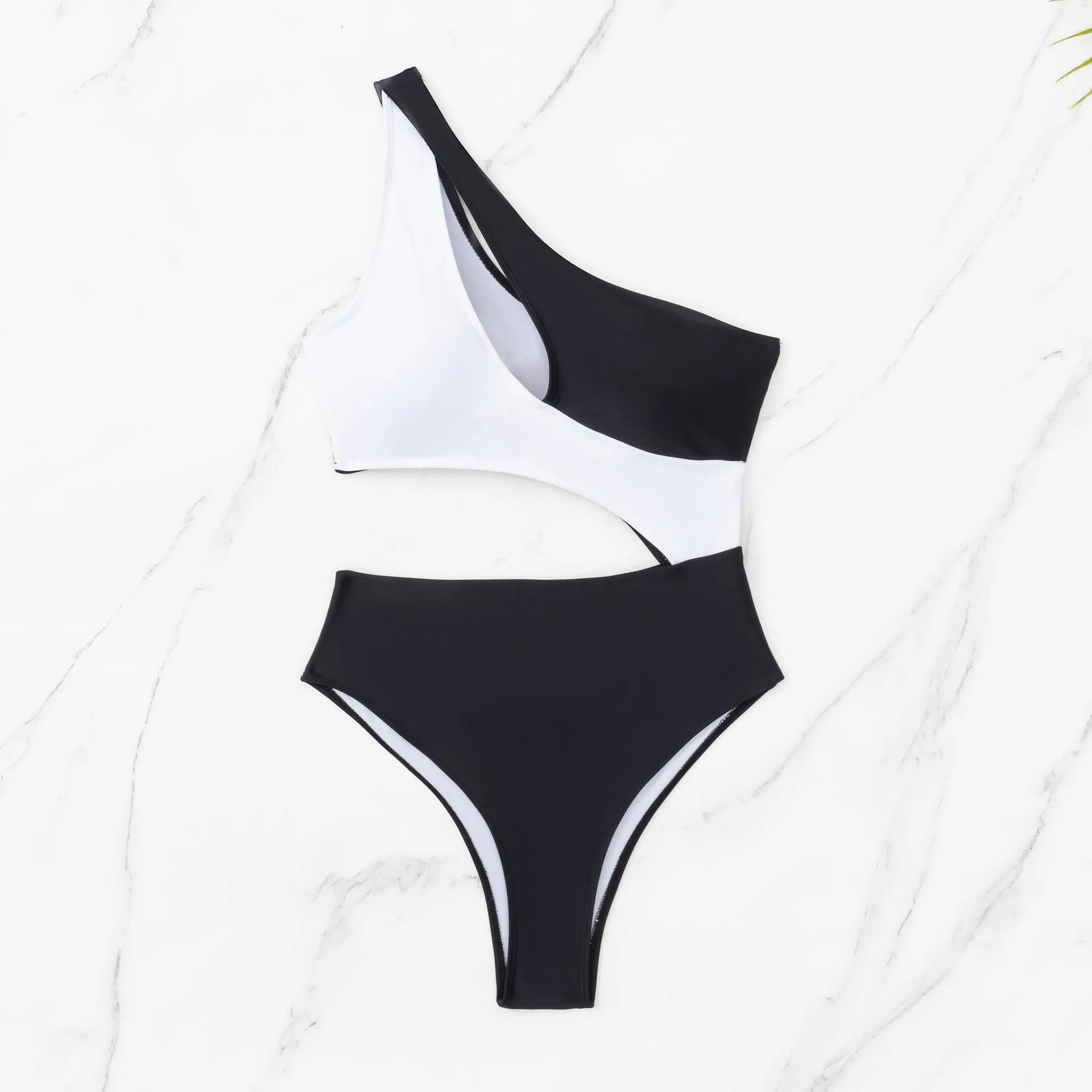 Black one-piece swimsuit with white contrast stitching and hollow cut-out details, front view, sleeveless design