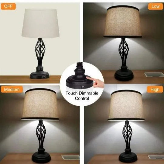 European style alloy bedside table lamp with touch controls for cold and warm dimmable light and USB charging socket