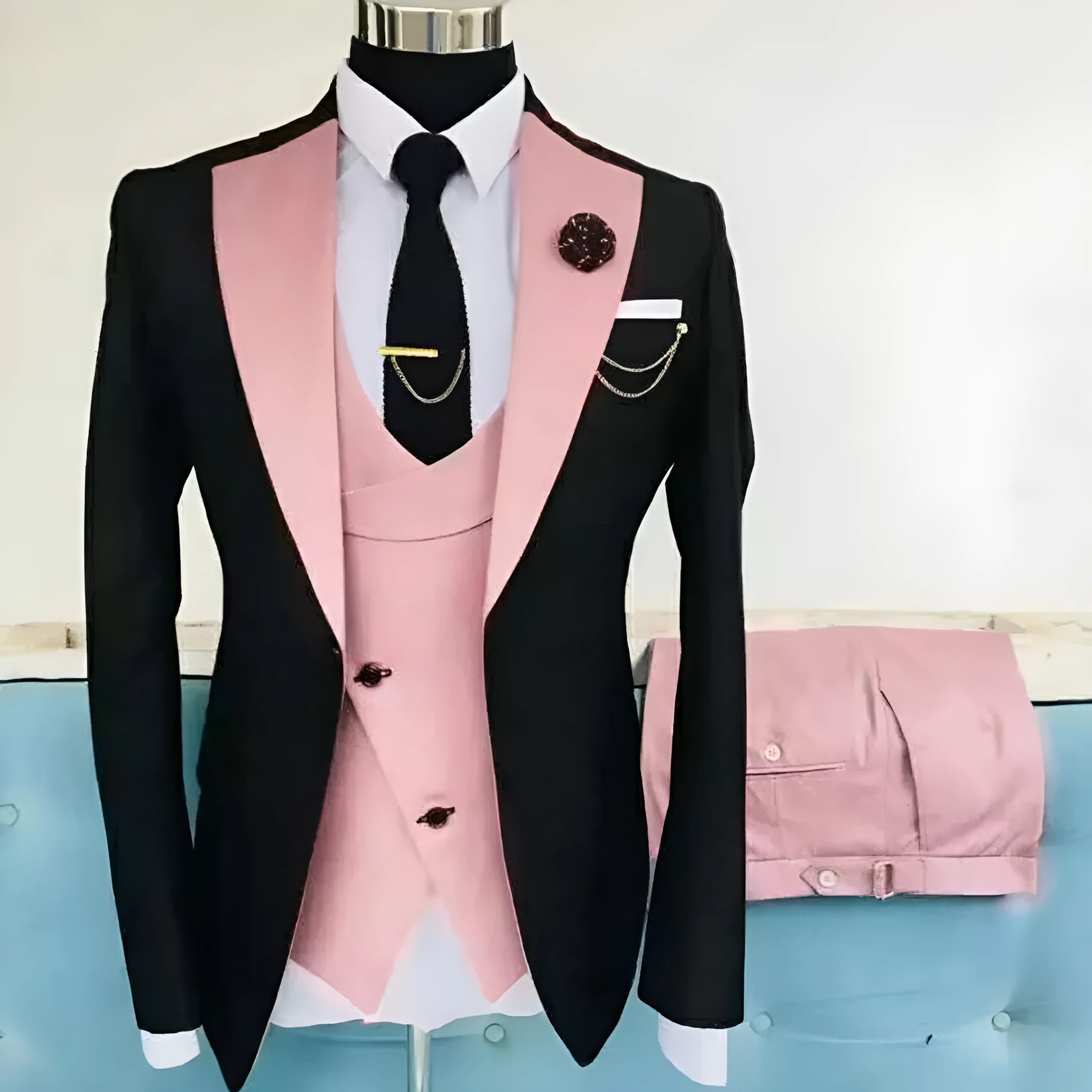 Men's slim fit three-piece cotton suit in business style with coat, vest and trousers
