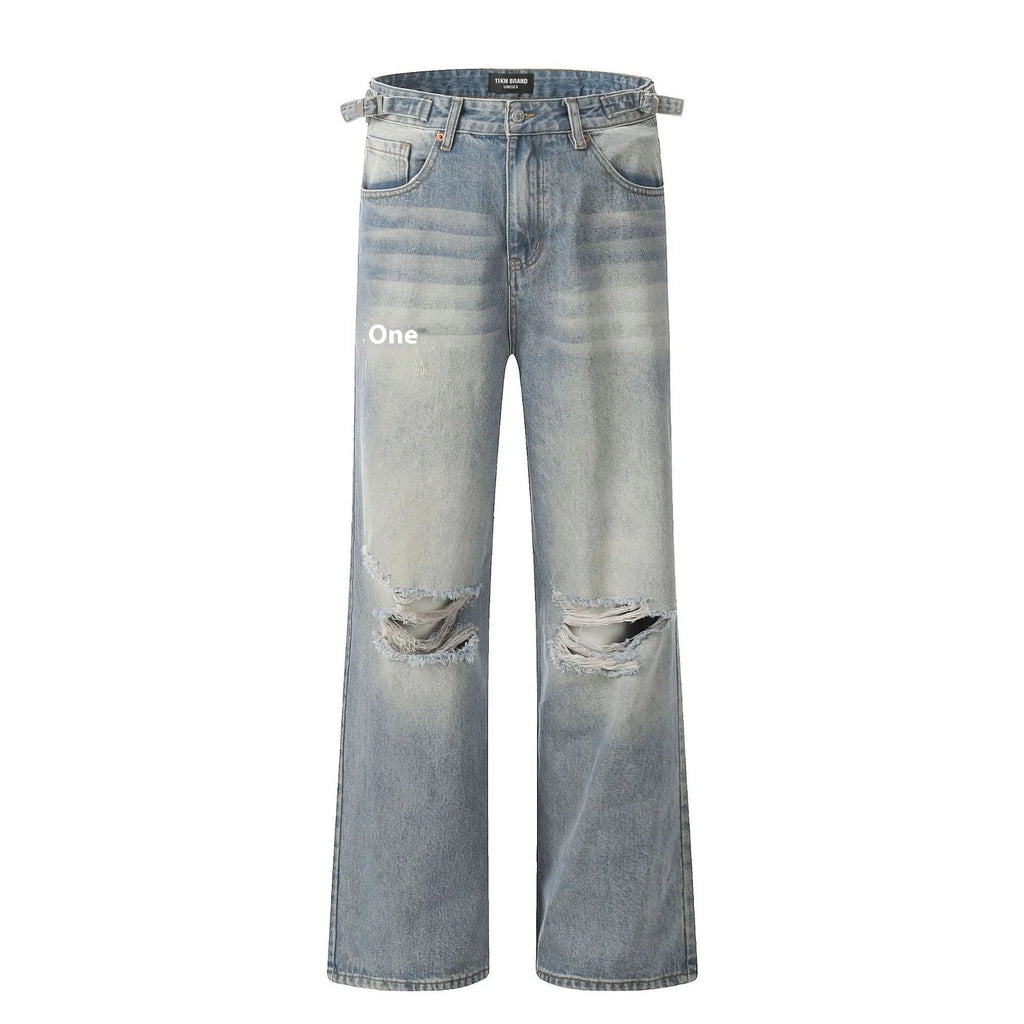 Blue men's straight-leg jeans with ripped distressing on the thigh, showing five-pocket design and zip fly.