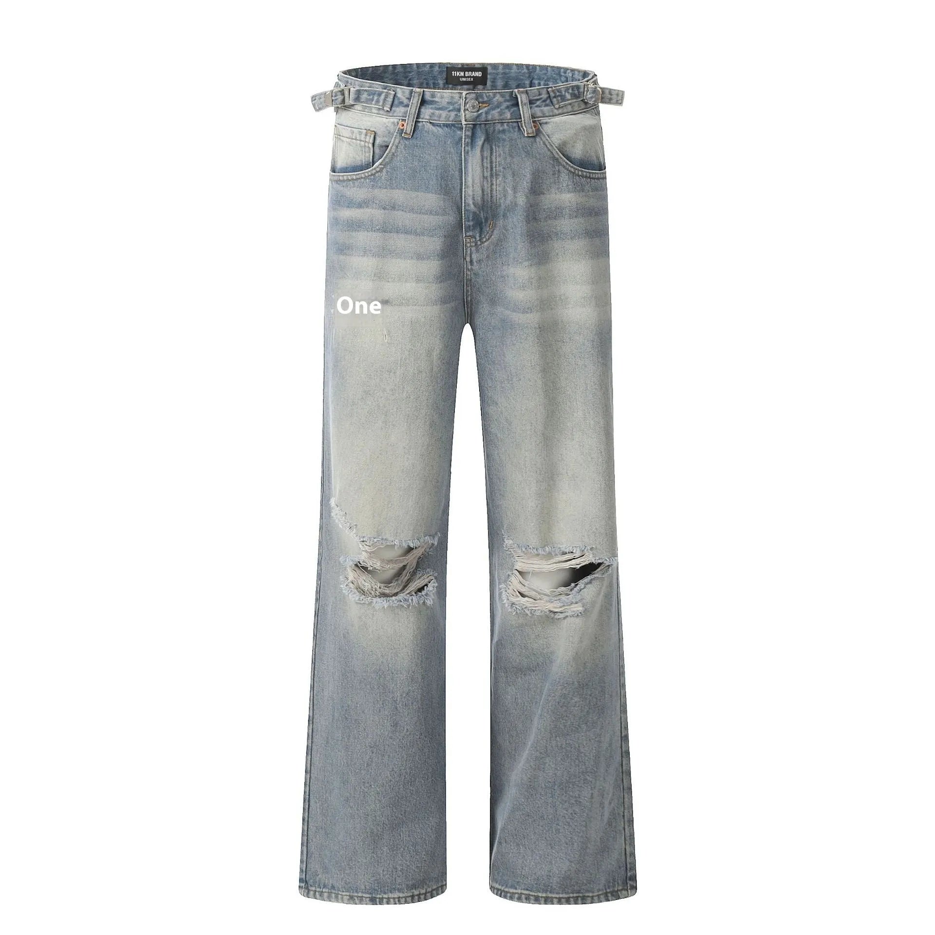 Blue men's straight-leg jeans with ripped distressing on the thigh, showing five-pocket design and zip fly.