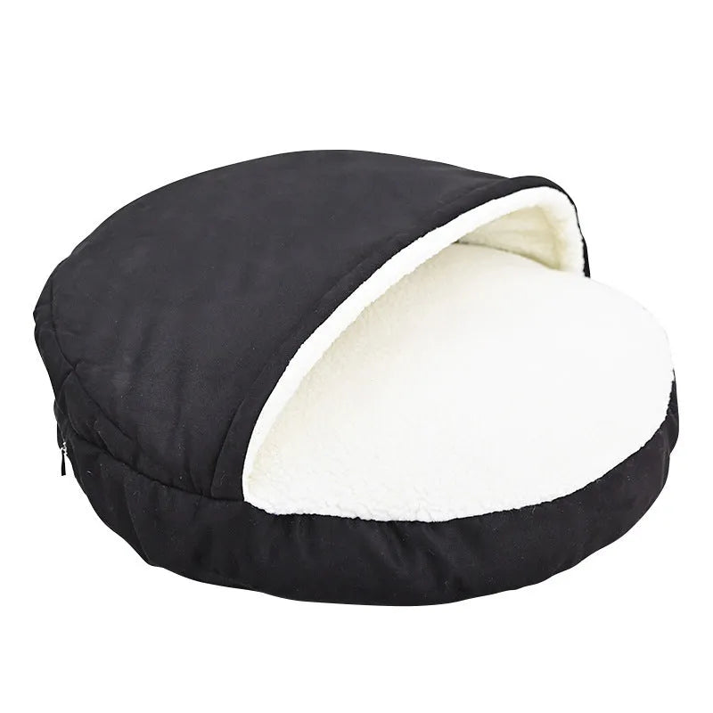 Brown removable cloth dog kennel bed shown in a small S size on a wooden floor.