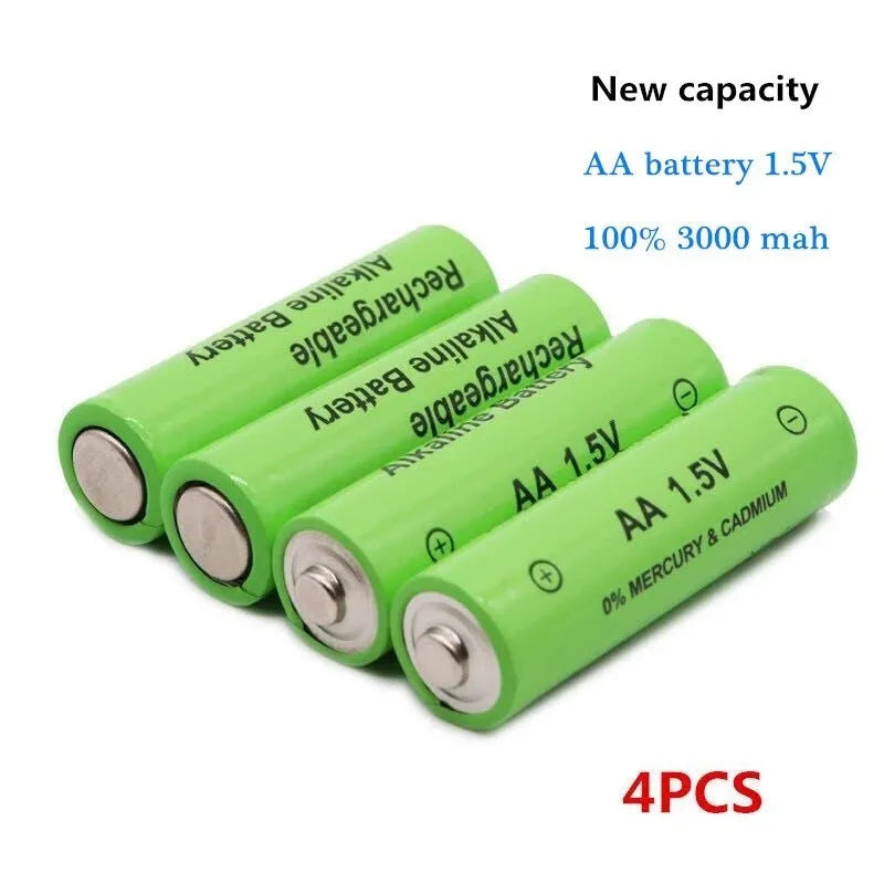 Green AA size alkaline rechargeable battery with 3000mAh 1.5V labelling.