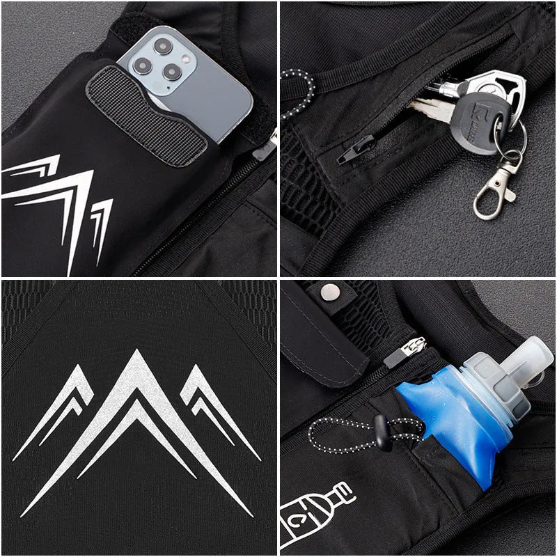 Breathable mesh sports running vest with a front mobile phone pocket, shown in classic black colour.