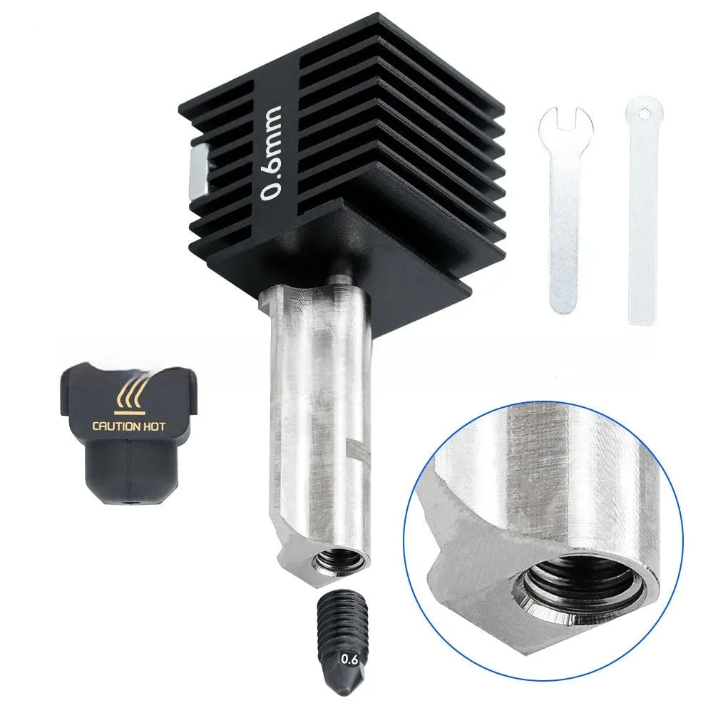 Bambu Lab A1 Mini 3D printer hot end assembly with black silicone sleeve and hardened steel nozzle.