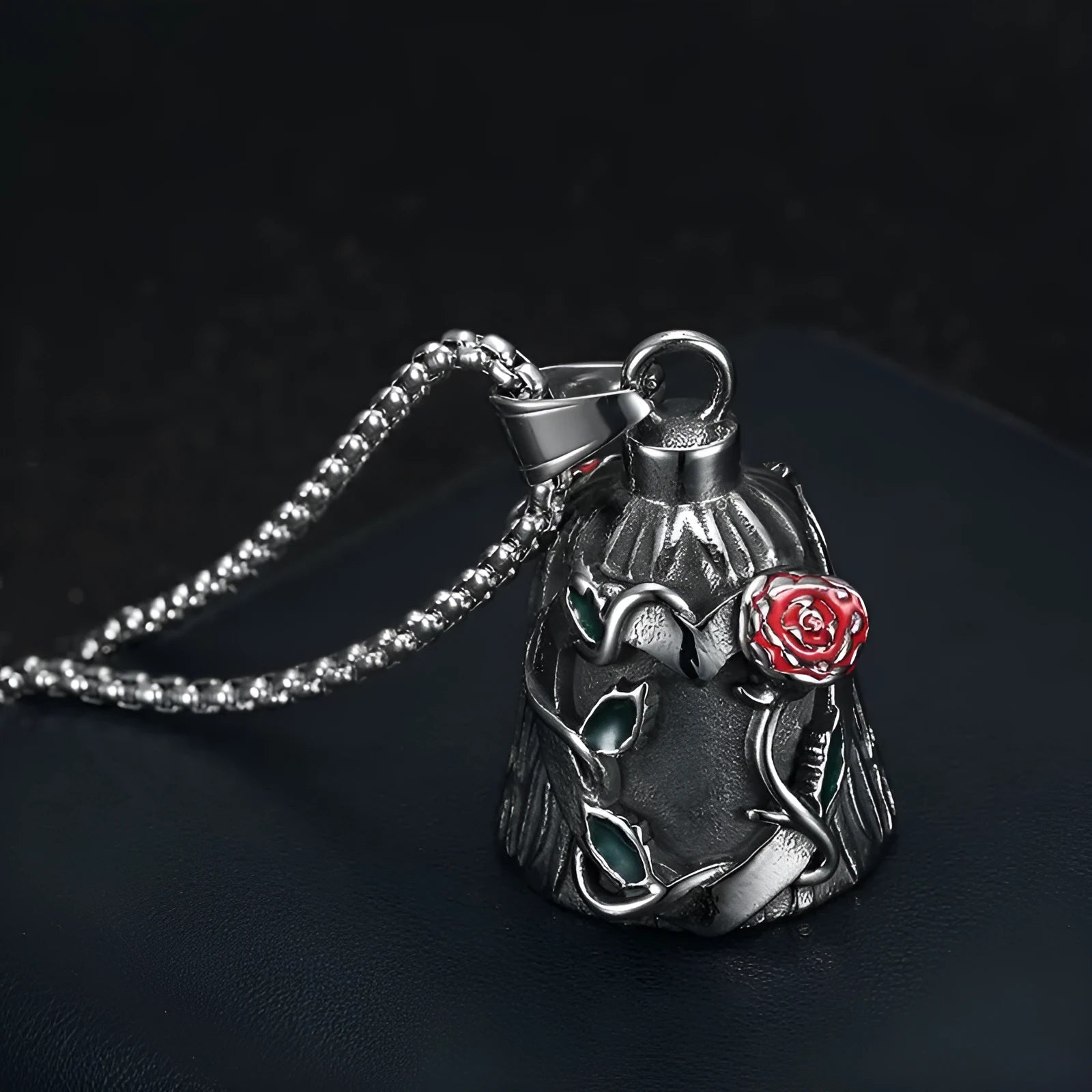 Titanium steel vintage motorcycle lucky bell with double-sided epoxy rose design and polished geometric shape