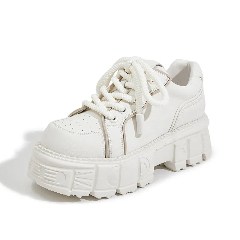 Women's beige leather casual shoes with spring muffin bottom height-increasing design