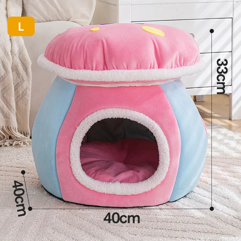 Grey mushroom-shaped plush cat bed showing enclosed cave design for cats.