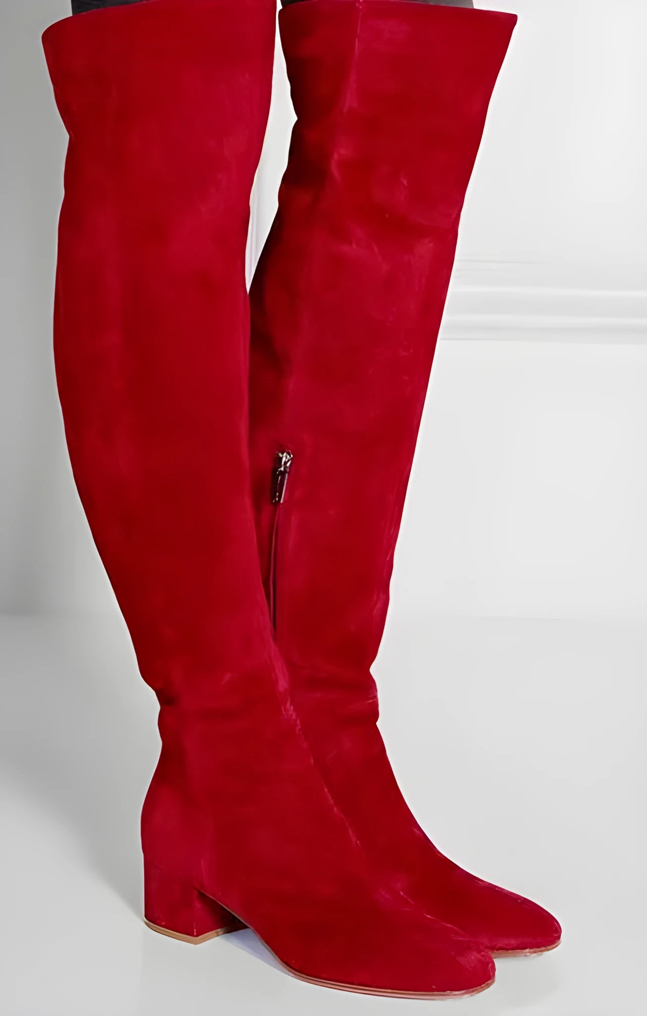 Grey suede women's flat over-the-knee boots with pointed toe and thick low heel.