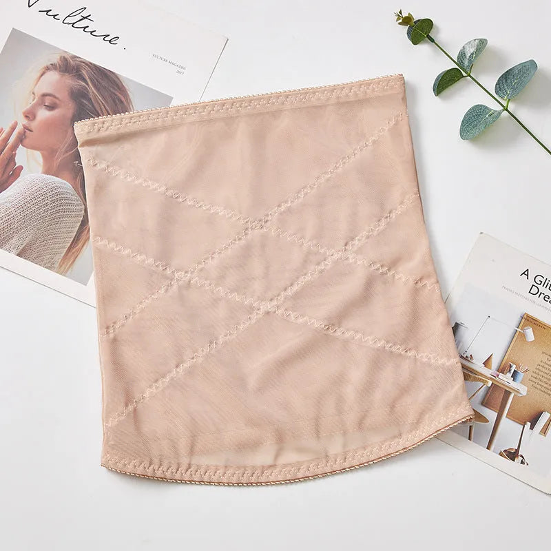 Black mesh postpartum belly band with a cross-waistband design for tummy slimming.