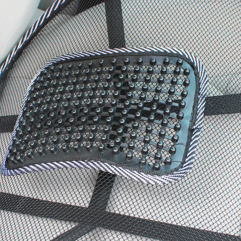 Black car lumbar support pillow with polypropylene fibre surface measuring 41x39cm