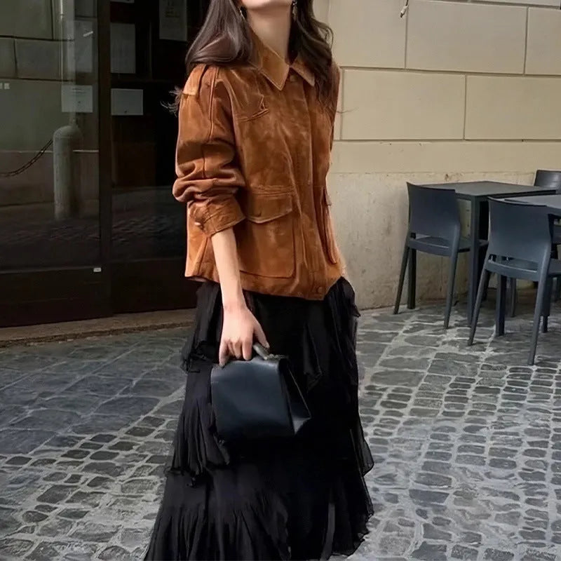 Women's street chic suede coat with regular sleeves in bright brown colour option