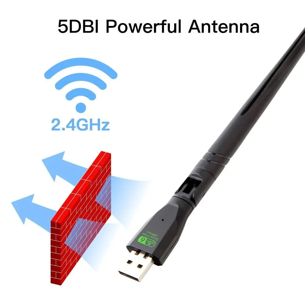 Black USB WiFi6 wireless network card with driver-free operation for computer connectivity