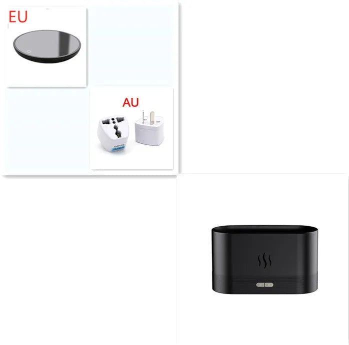 Square 180ml ultrasonic aroma diffuser with flame LED light in black, on a desk with visible mist