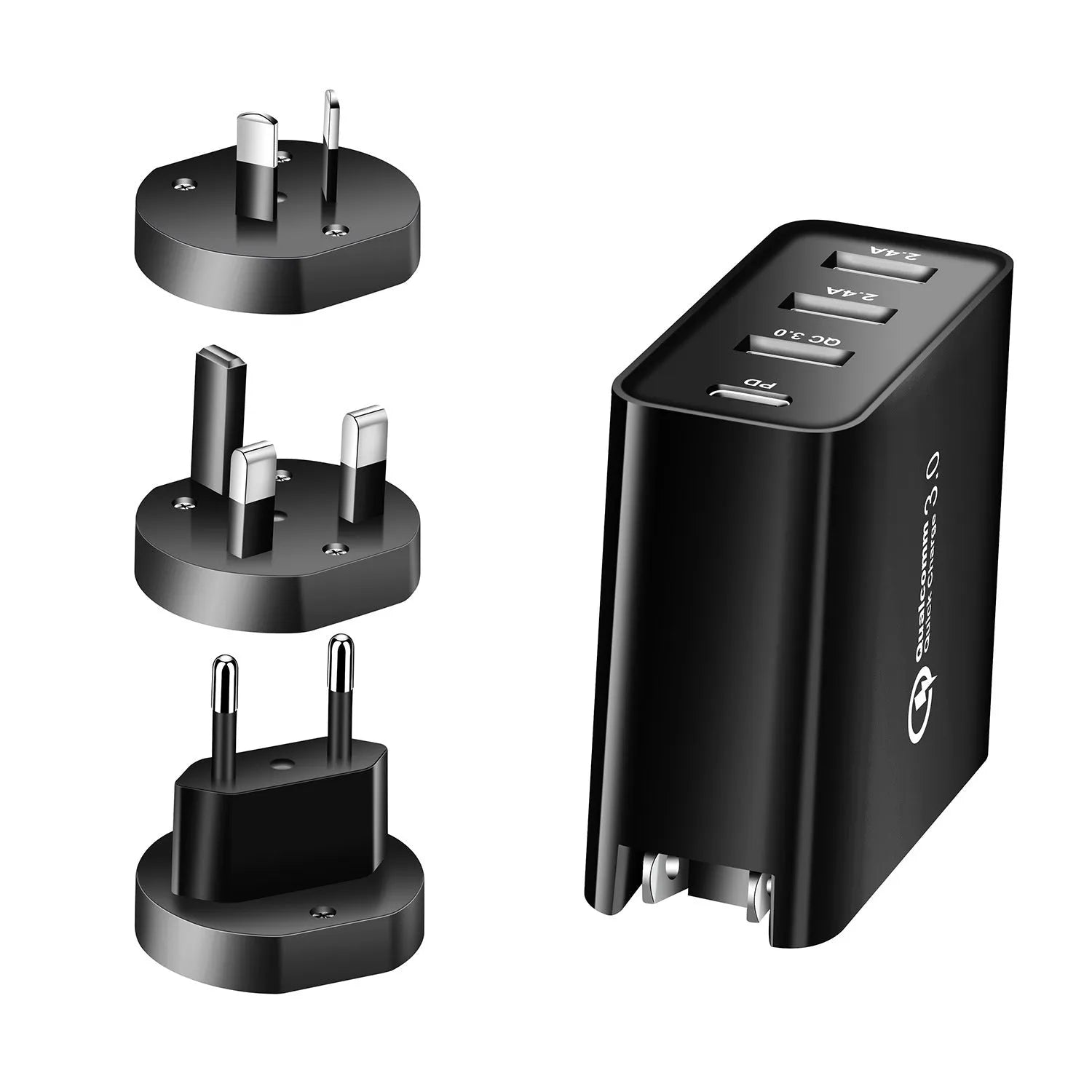 48W four-port USB-C wall charger in black or white with international plug types