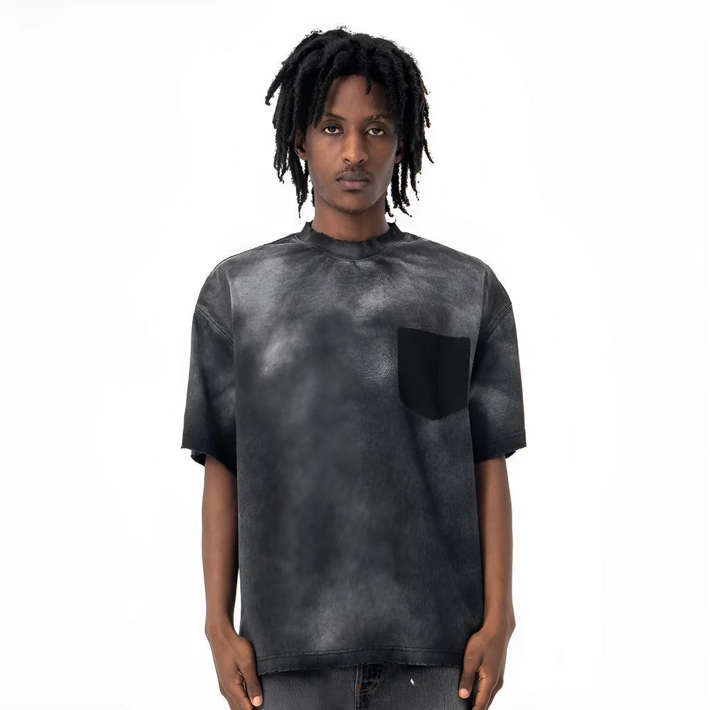 Black men's loose cotton t-shirt with a white letter print and drop-shoulder short sleeves.