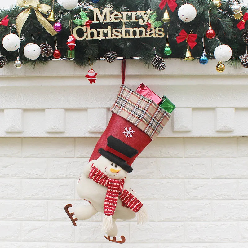 Christmas sock gift bag in non-woven fabric with old man snowman elk designs, 21.5x50.5x24 cm