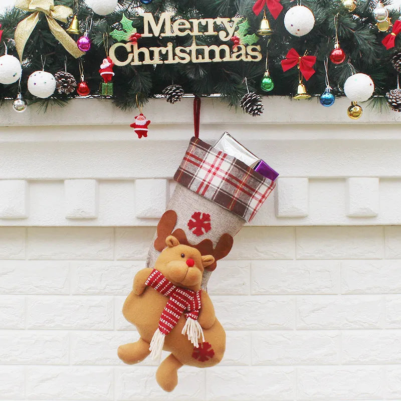Christmas sock gift bag in non-woven fabric with old man snowman elk designs, 21.5x50.5x24 cm