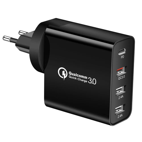 48W four-port USB-C wall charger in black or white with international plug types